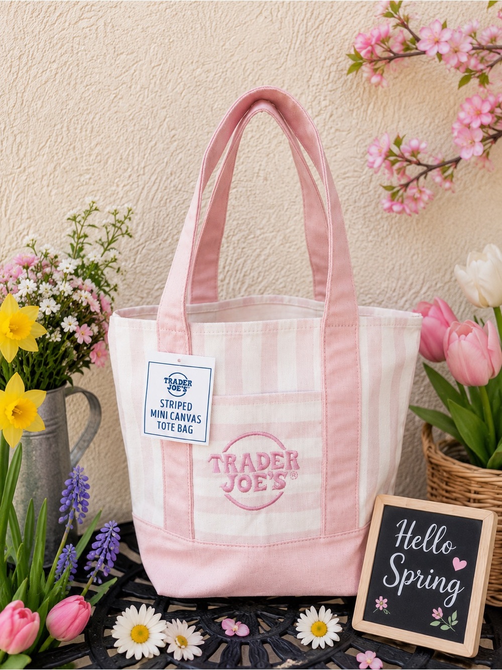 🩷 NWT Trader Joe’s Striped Mini Canvas Tote Bag | Pastel Pink | Limited Edition